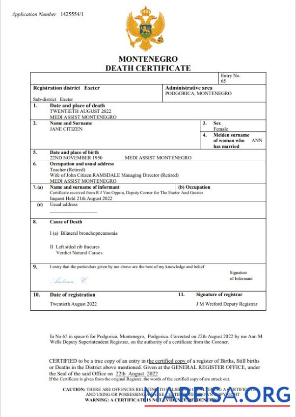 Printable Montenegro death certificate Word and PDF template